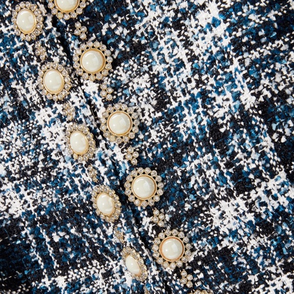 New Boston Proper Pearl Trim Tweed Parisian Jacket Navy Multi- Stunning - Picture 6 of 13